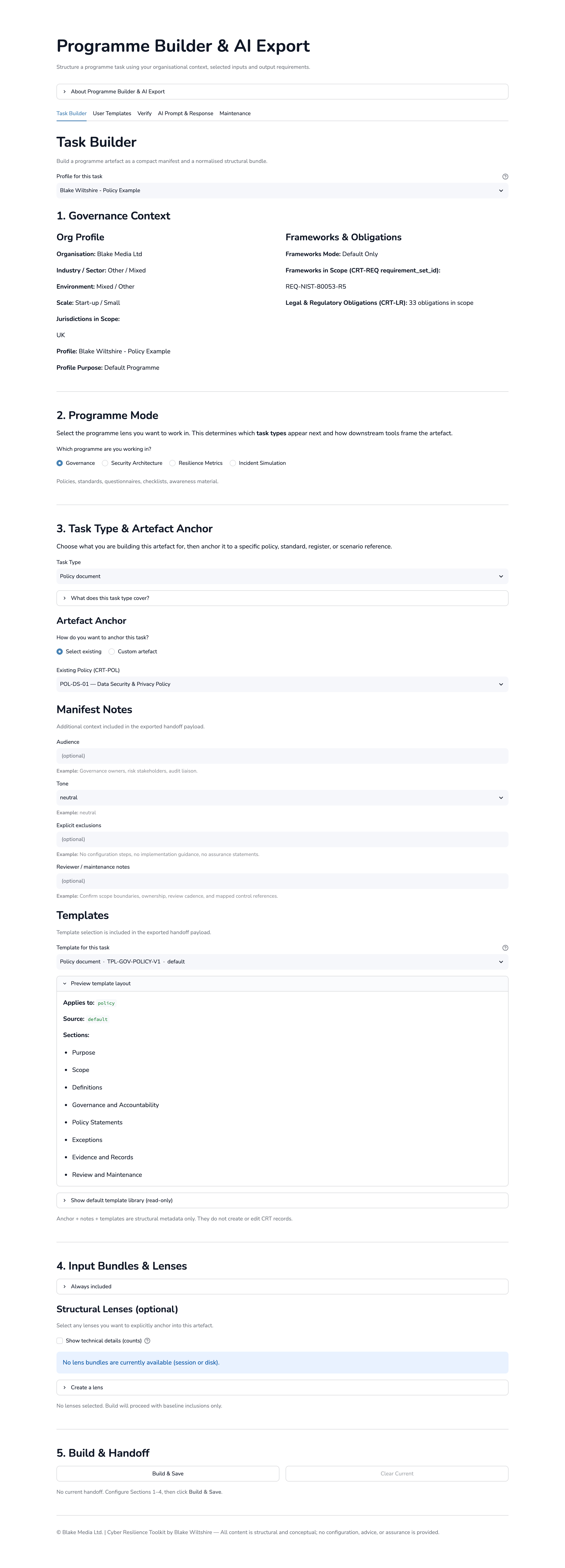Cyber Resilience Toolkit Programme Builder and AI Export interface