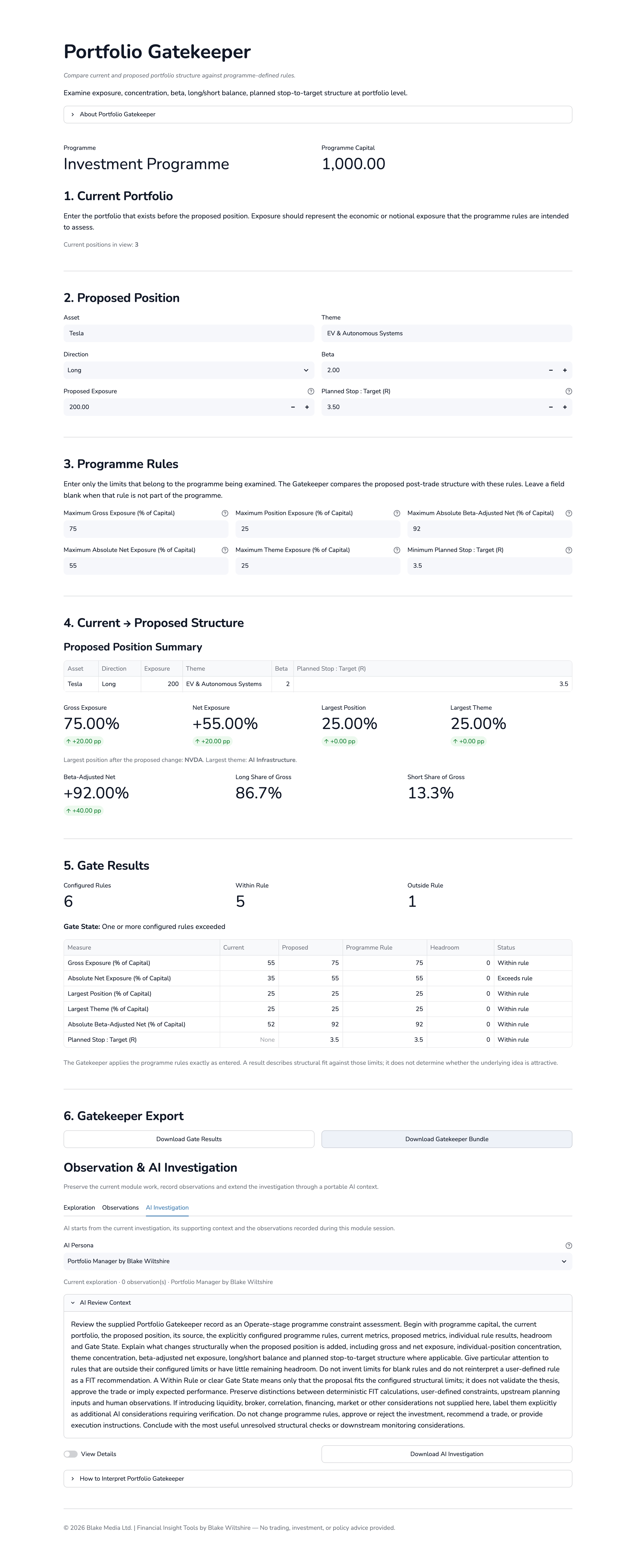 Financial Insight Tools Portfolio Gatekeeper interface