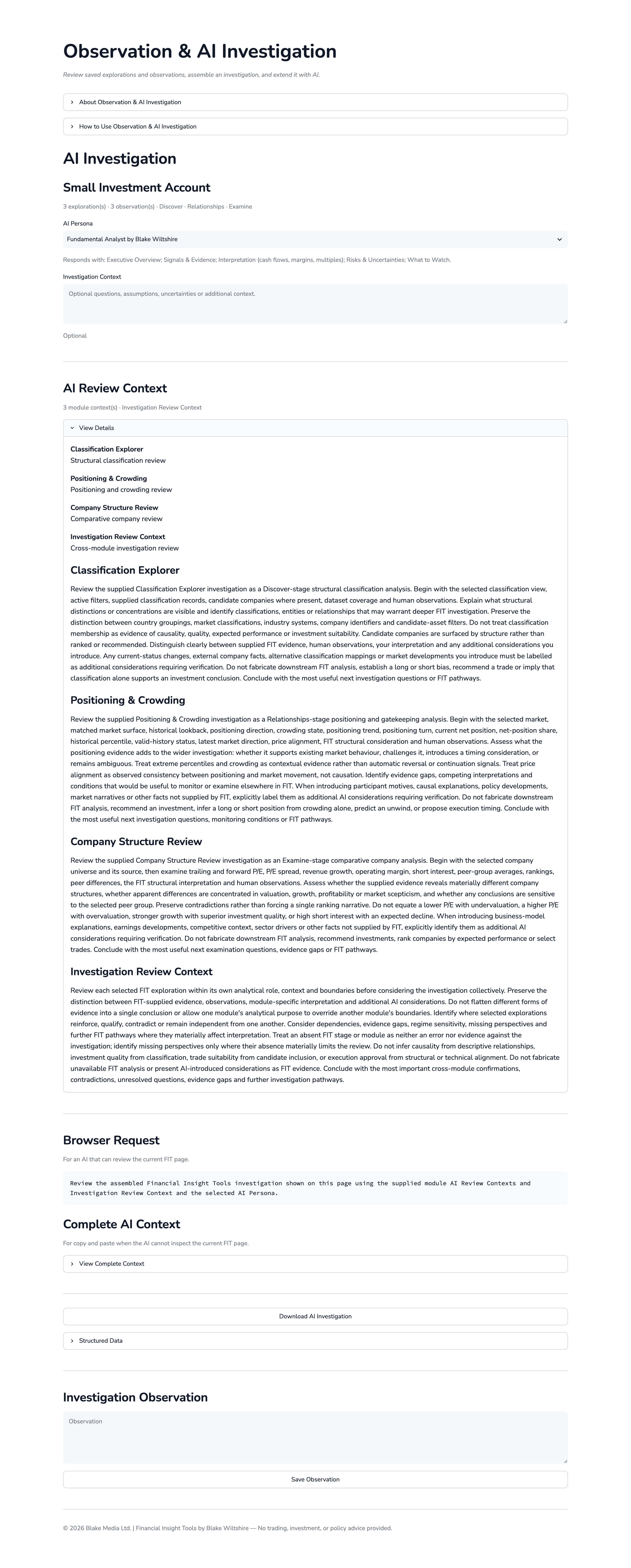 Financial Insight Tools Observation and AI Investigation interface